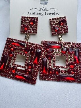 Red Crystal Square Drop Earrings